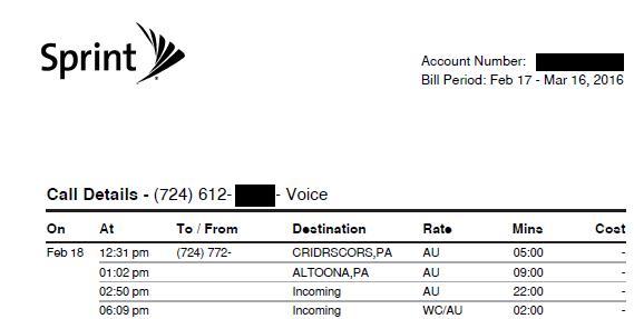 Snippet of a 2016 cell phone bill showing the placename Crider's Corners is still in use today