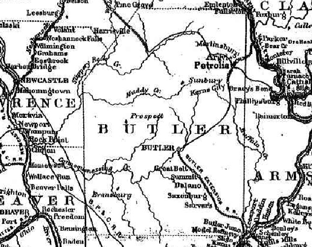 Butler County Cropped from 1876 Western PA Railroad Map